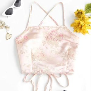 Chinese Pink Satin Emrboidered Halter Crop Top